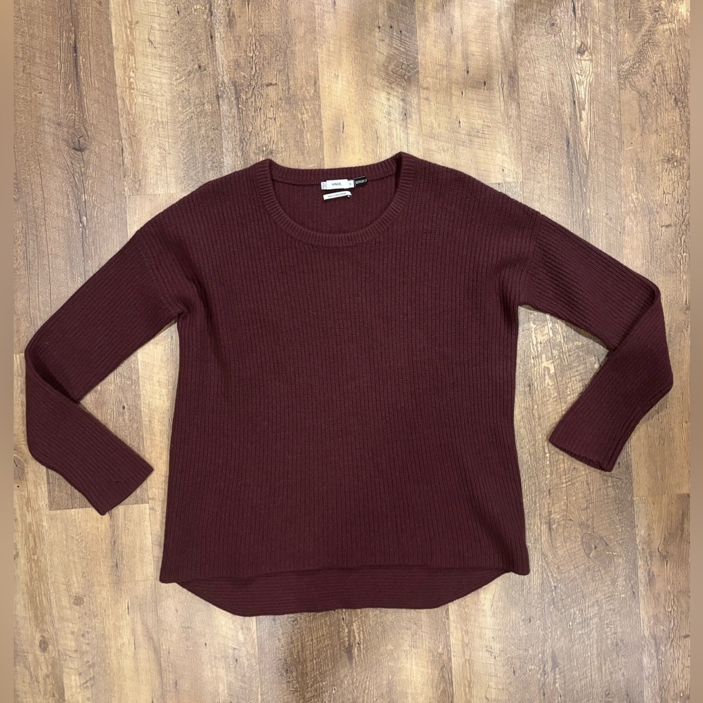 Vince Sweater Cashmere Waffle Knit Pullover Round Neck Preppy Burgundy Sweater